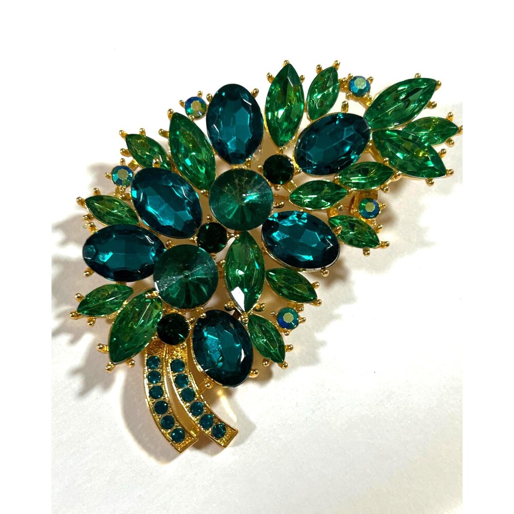 Rhinestone Leaf Brooch: Vintage Style Crystal Pin - Green + Blue Statement